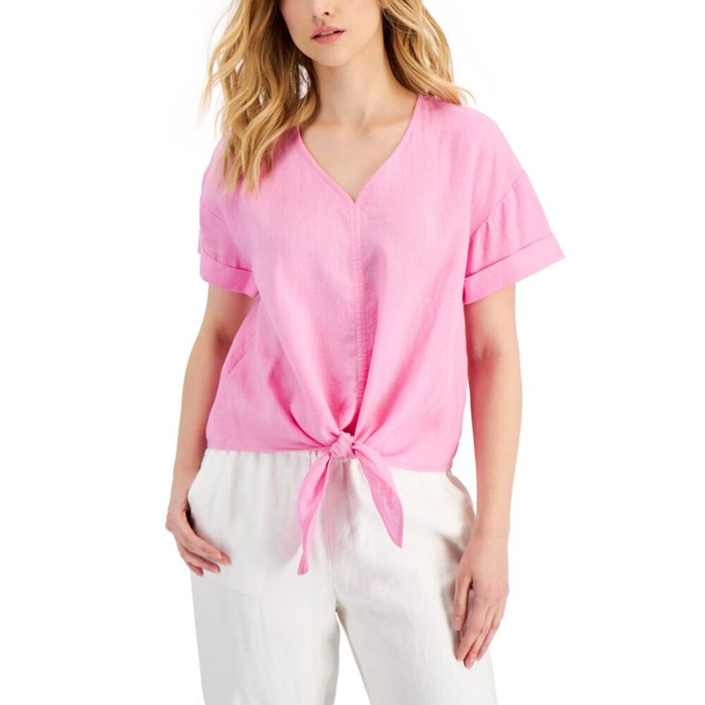 Charter Club Linen Tie-Front Top